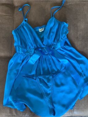Frederick's of Hollywood Vibrant Blue Satin Chemise with Thong